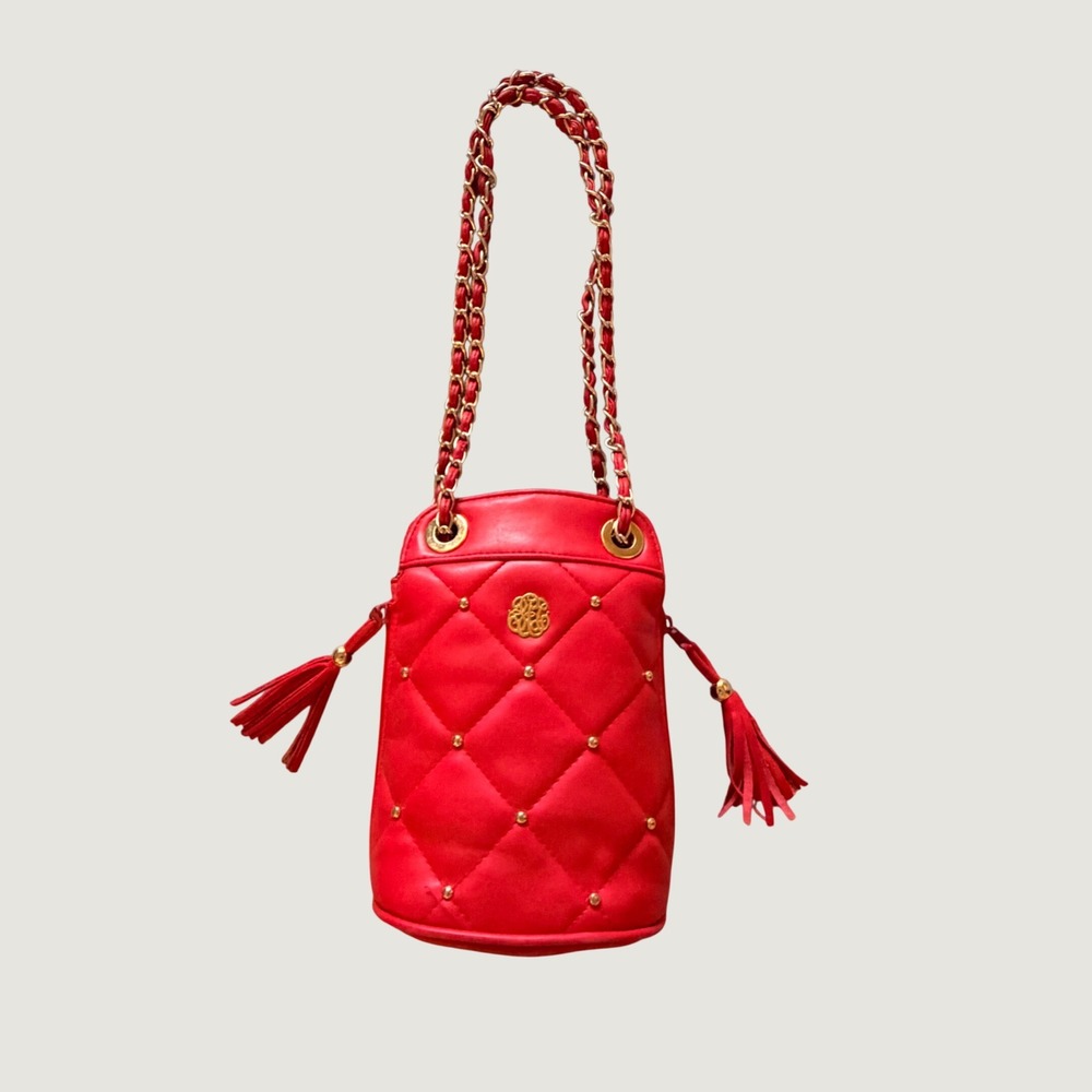 Y&S Womens Handbag Red Quilted Tassel Bucket Bag Gold Studded Chain  Crossbody